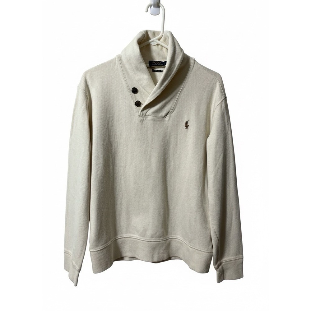 Polo Ralph Lauren Men's Sweater M Cream Ribbed Estate Shawl Collar Logo